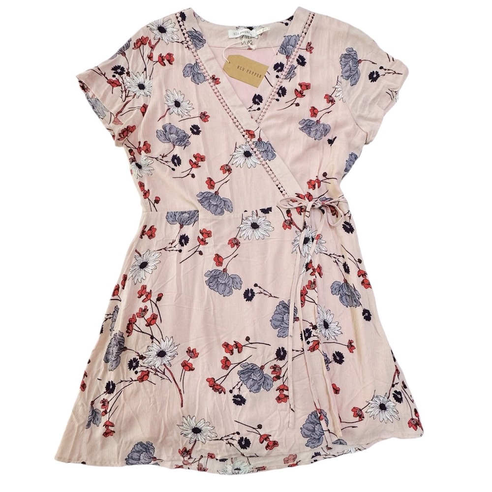 Blu Pepper Soft Pink Floral Print Wrap Short Sleeve Mini Dress Large NWT